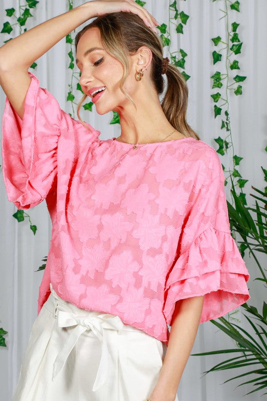 Ruffle Sleeve Floral Jacquard Top