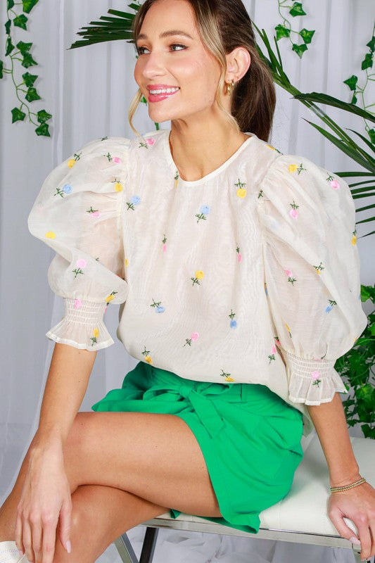 Flower Embroidery Organza Top