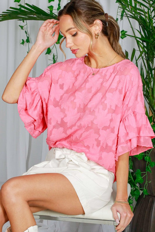 Ruffle Sleeve Floral Jacquard Top