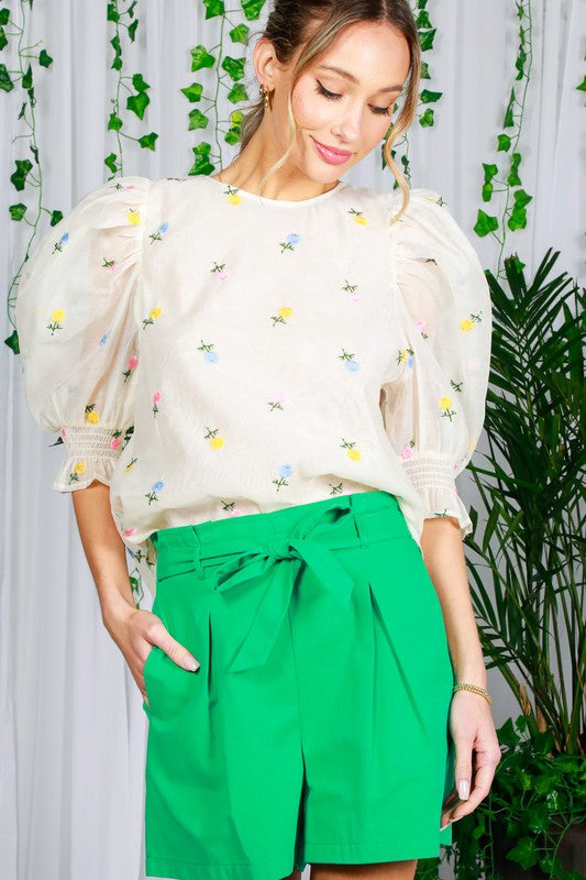 Flower Embroidery Organza Top