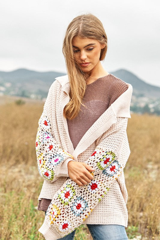 Crochet Floral Printed Long Sleeve Knit Cardigan