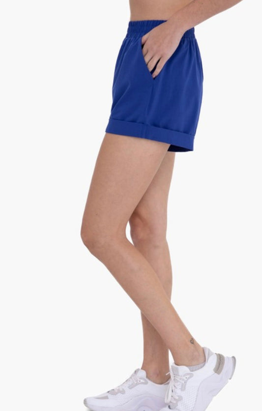 Blue Highwaist Athleisure Shorts with Cuffed Leg