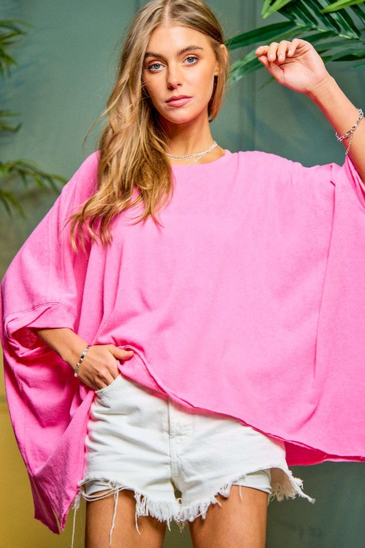 Solid Round Neck Loose Fit Kimono Sleeve Sweater